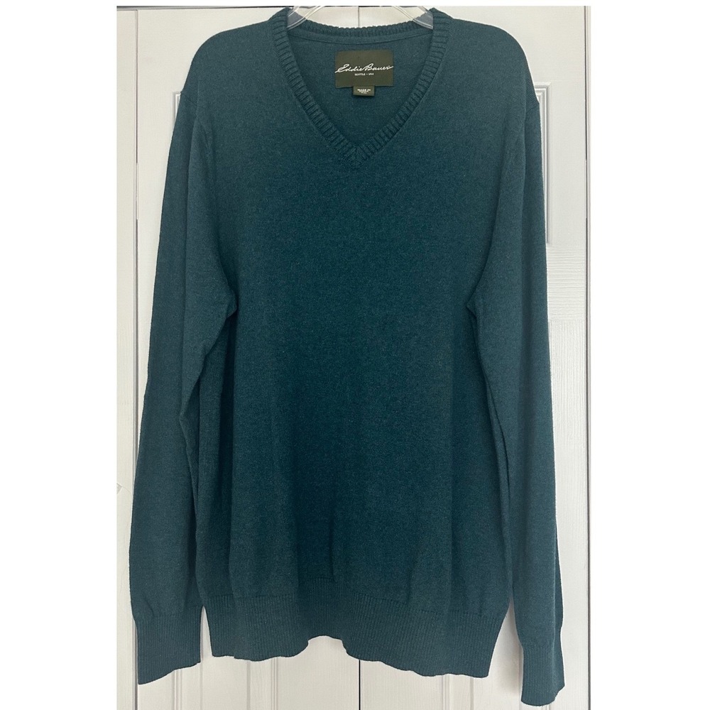Eddie Bauer Mens V Neck Sweater Teal Green Cotton Cashmere Blend Size‎ XLT